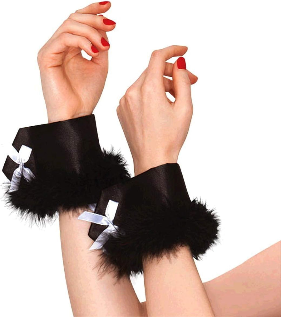 Black bunny feather wrist cuffs in black satin with lace trim