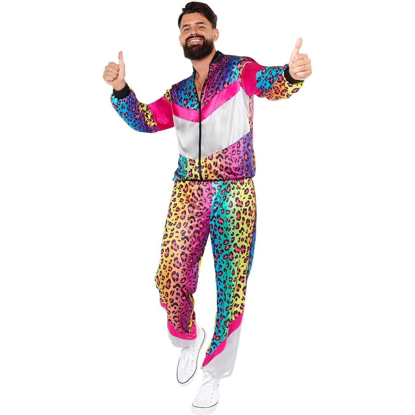 Neon green animal print shell suit adult costume with matching jacket and pants