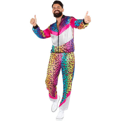 Neon green animal print shell suit adult costume with matching jacket and pants