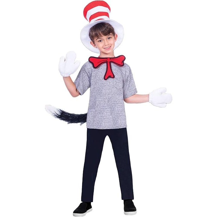 Child wearing Dr Seuss The Cat in the Hat accessory kit for Halloween costume