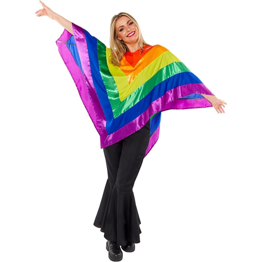 Colorful rainbow poncho adult costume with flowing fabric and vibrant stripes