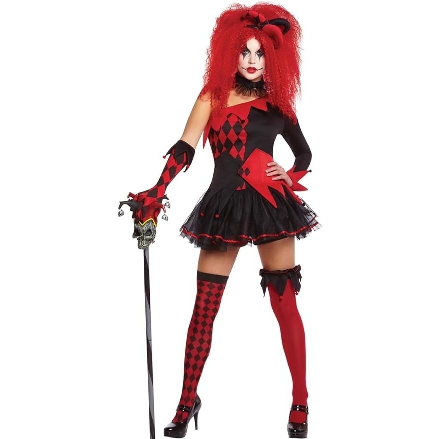 Jesterina Ladies Costume in black and red with diamond pattern and bells, perfect for Halloween or themed parties