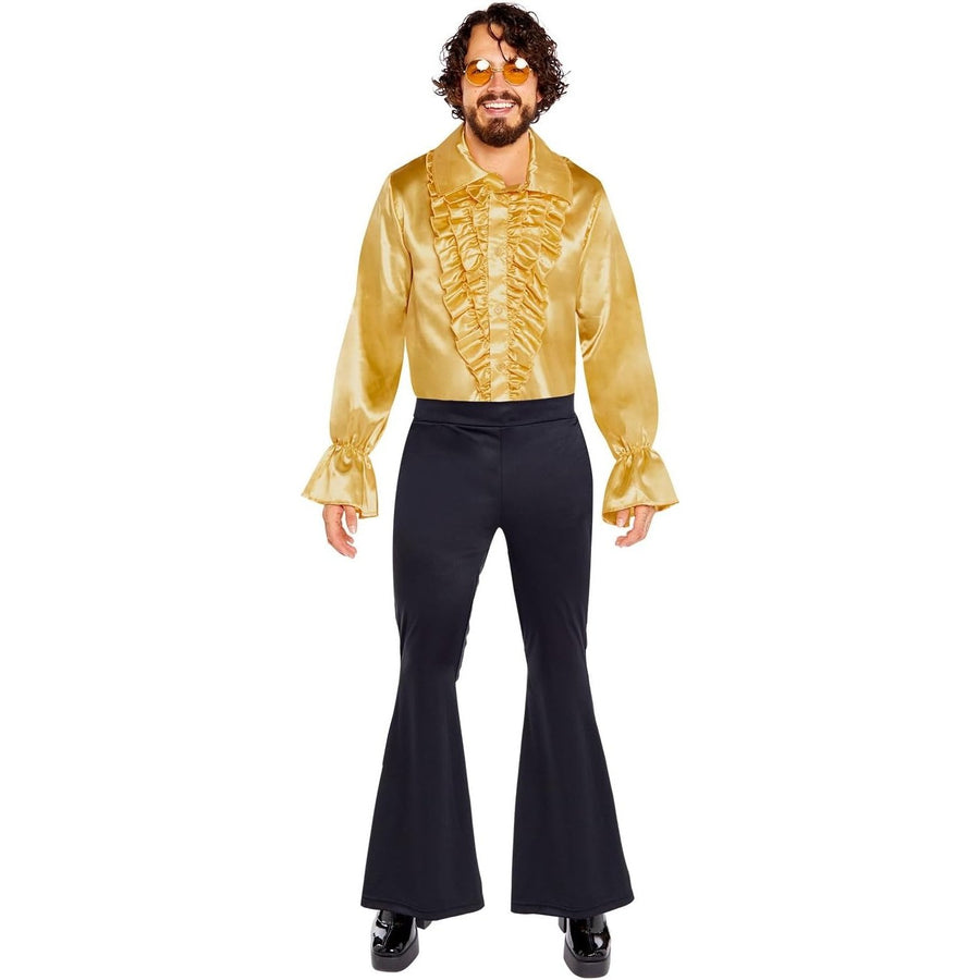 Satin gold ruffle shirt for men's costume party outfit