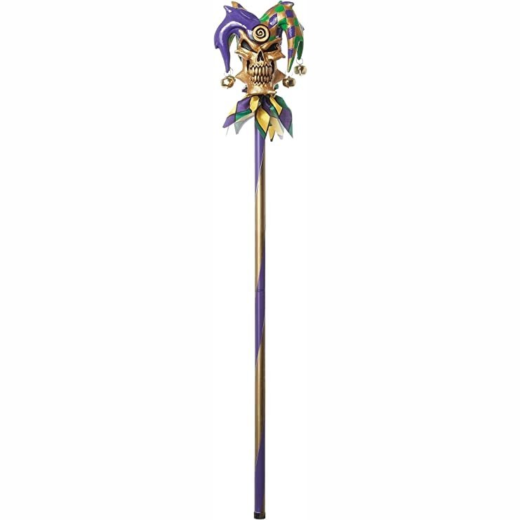A colorful and intricate jester cane with vibrant Mardi Gras theme
