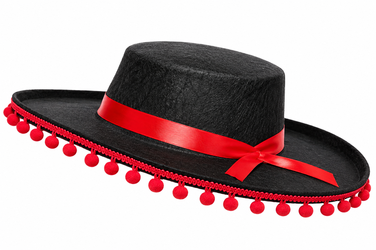 A black wide-brim fedora-style hat with a bright red ribbon band, bow, and red pom-pom trim along the brim, shown on a plain white background.