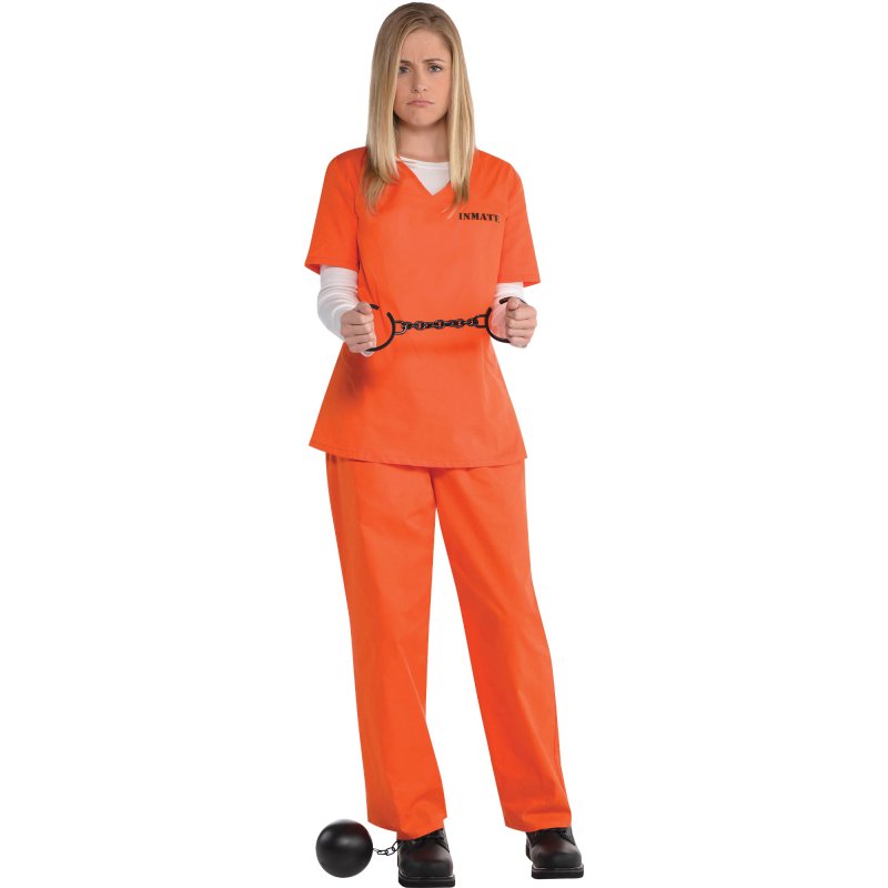 Full-body women's orange prisoner costume with standard size fit and black stripes