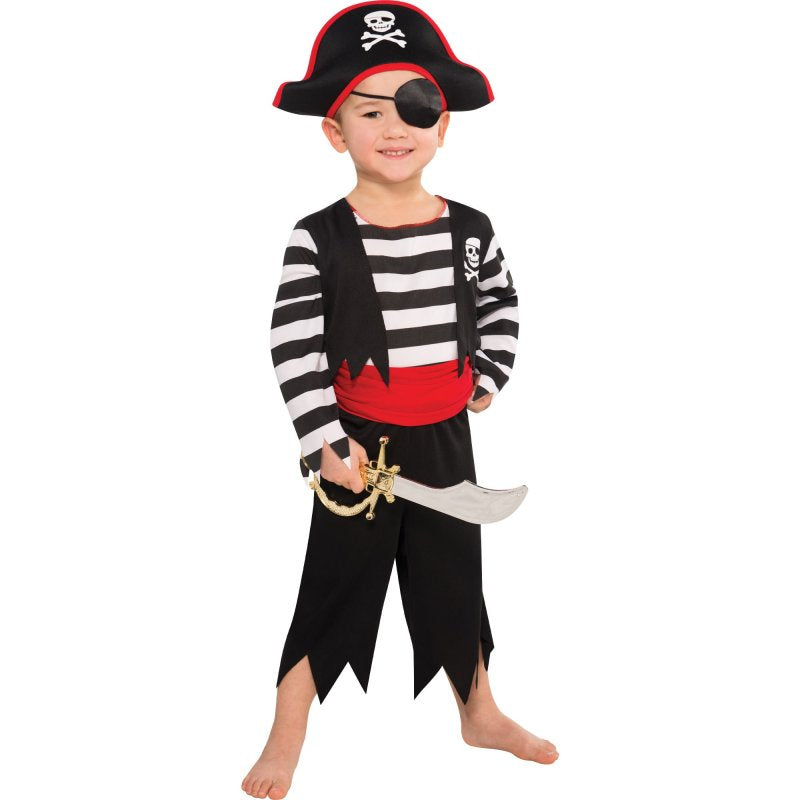A child wearing a realistic Pirate Deckhand Costume with hat and sword