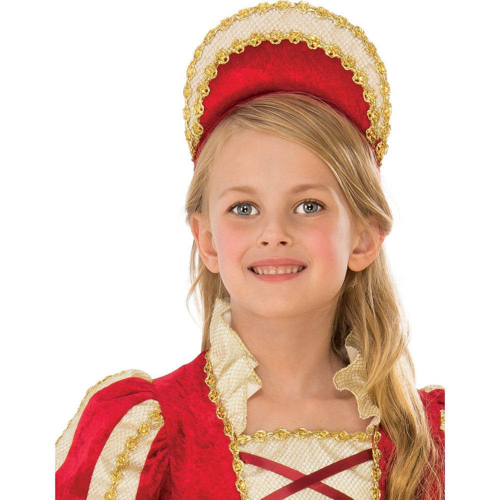 Child wearing a beautiful medieval princess costume with flowing sleeves and golden accents