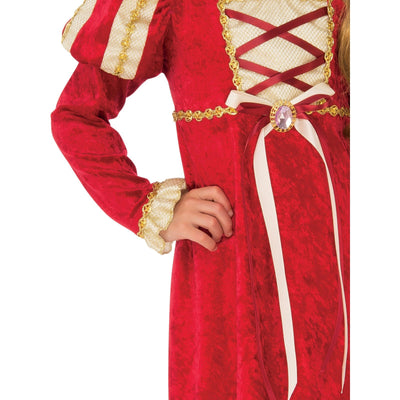 Young girl dressed in a regal medieval princess outfit, complete with a jeweled tiara and flowing cape