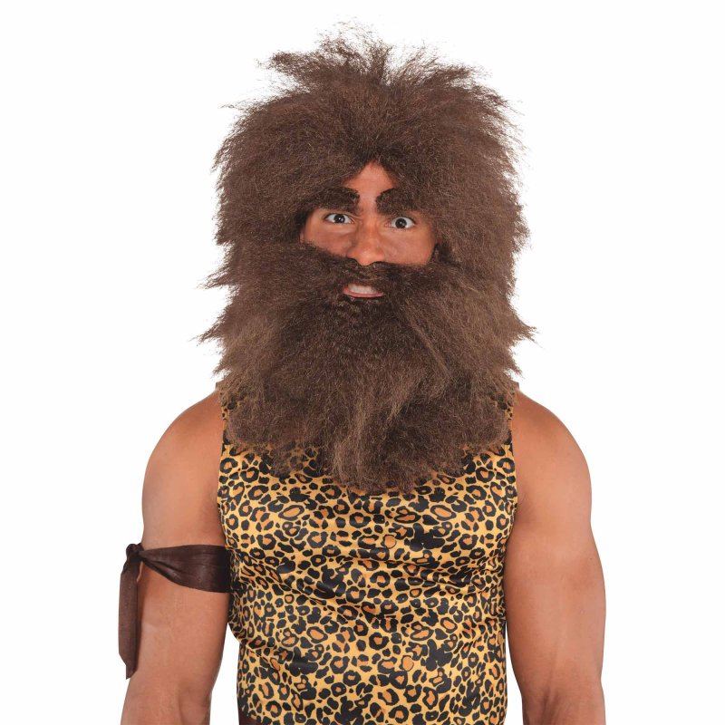 Alt text: Realistic brown hairy caveman wig made of high-quality synthetic fibers