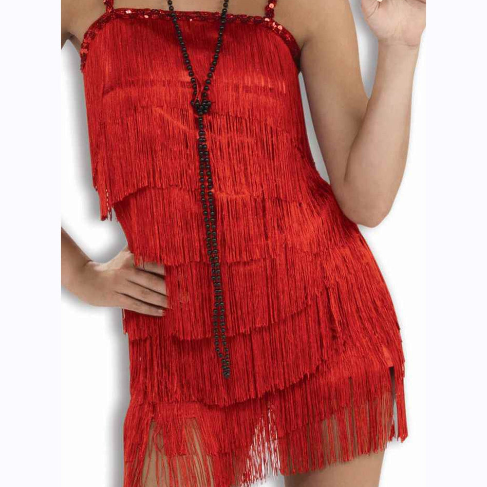Vintage-inspired red flapper dress with fringe and sequins
