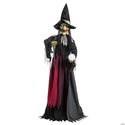 6 Ft. 2" Animated Light-Up Standing Talking Witch with Green Face Halloween Decoration