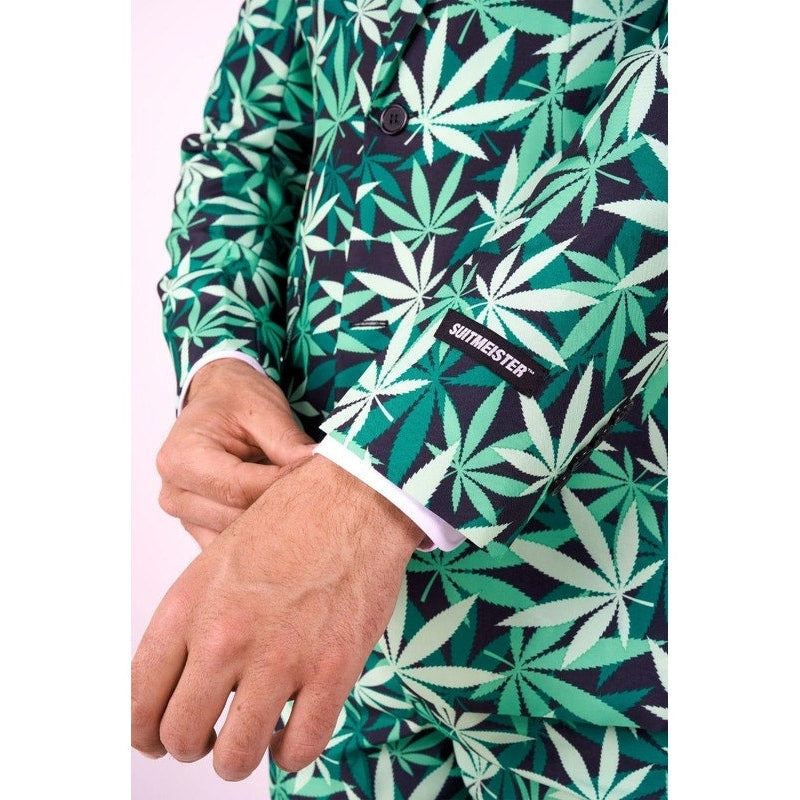 Formal suit for men featuring a unique and eye-catching cannabis motif