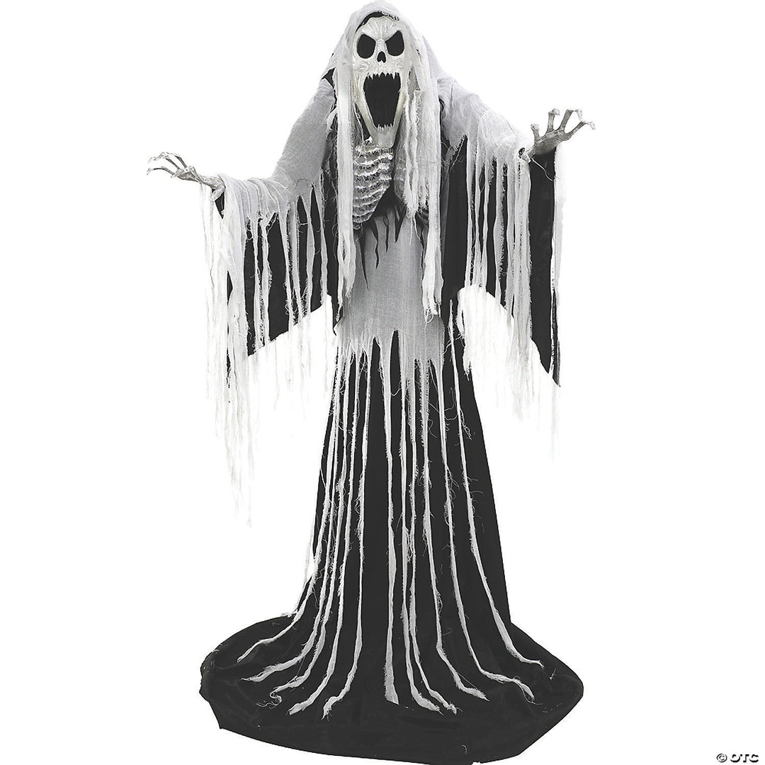 Alt text: 7' Animated Towering Wailing Soul Halloween Decoration with Creepy Sound Effects and Glowing Eyes for Haunted House Decor