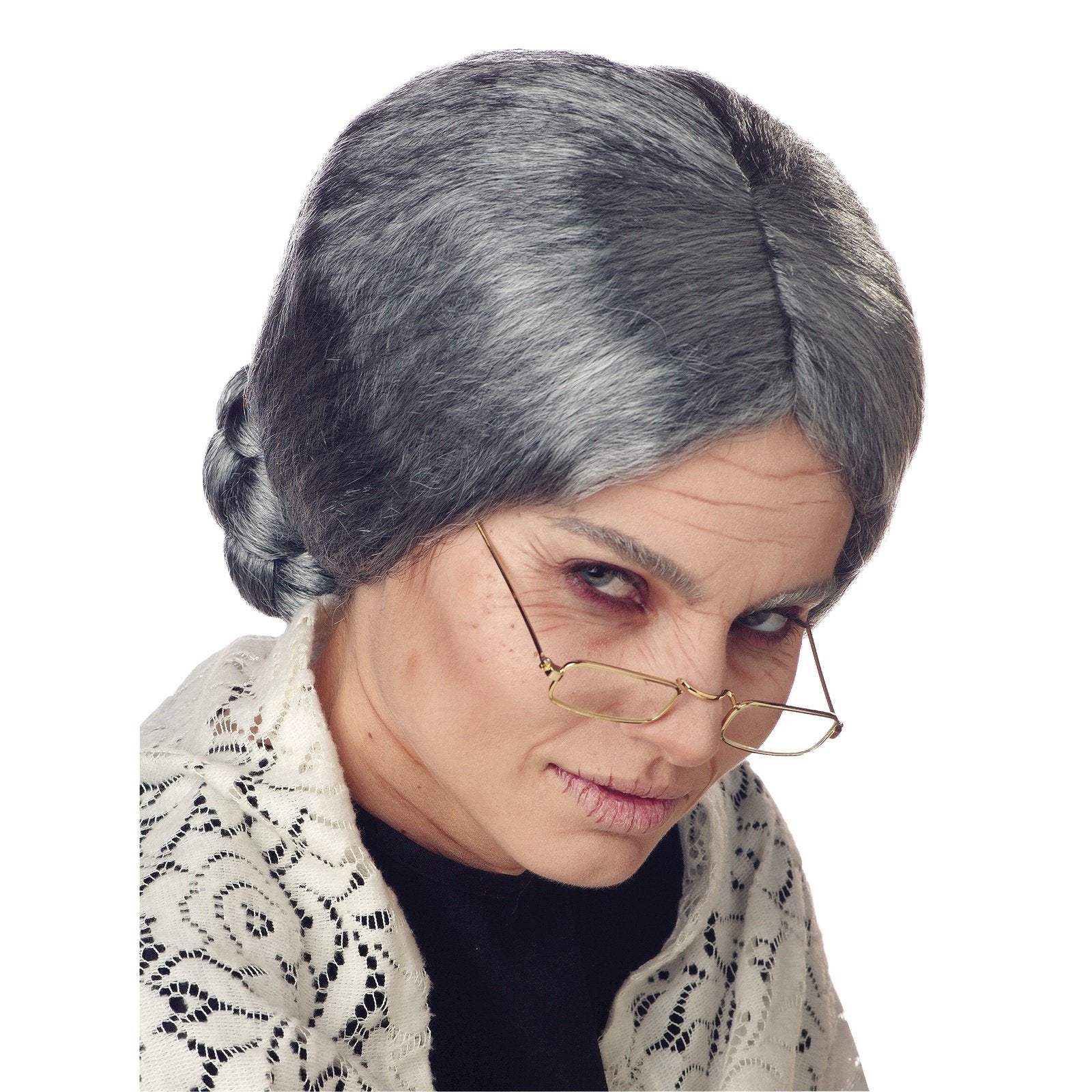 Alt text: Long curly grey wig with a headband, perfect for achieving a classic grandma look