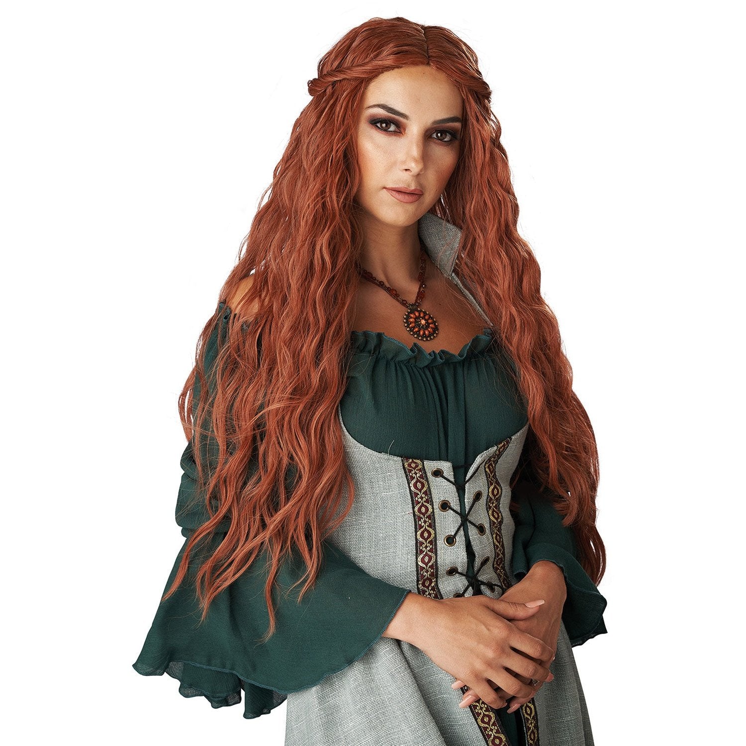 Renaissance maiden wig in auburn with cascading curls and braids