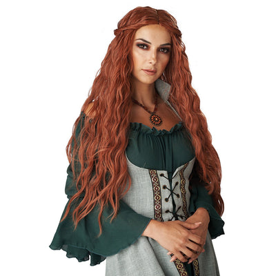 Renaissance maiden wig in auburn with cascading curls and braids