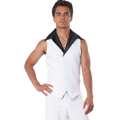 Men's 70's Era Disco Suit Costume featuring wide lapels and bell-bottom pants