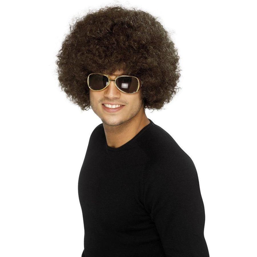 Long brown 70s funky afro wig with curls and volume for costume parties and events