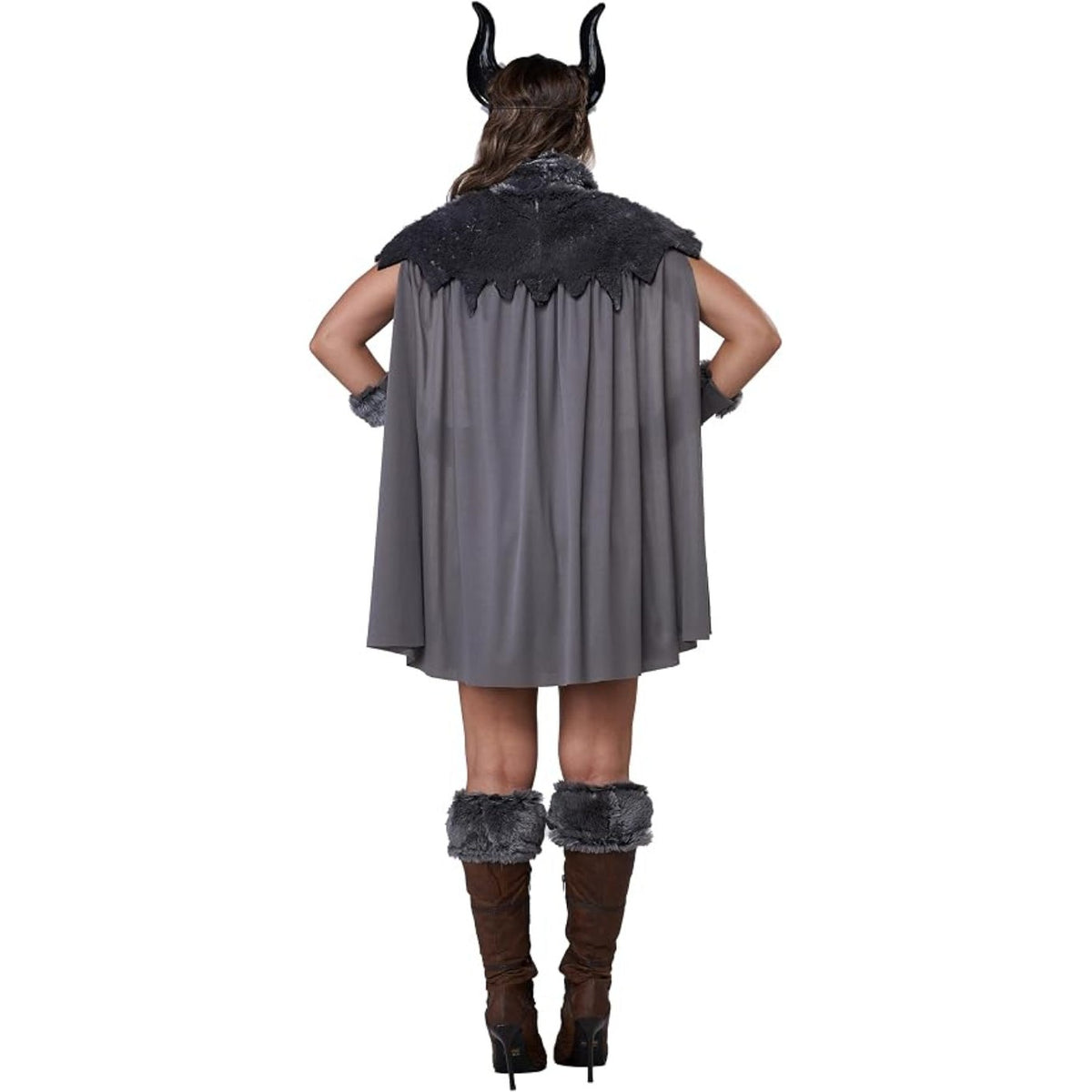 A woman shown from the back wearing a gray horned cape costume with a dark gray faux-fur collar, matching arm cuffs, and brown knee-high boots with gray faux-fur trim, on a white background.