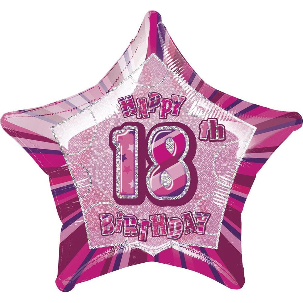 Happy 18th Birthday Pink Glitz Star Foil Balloon 50cm