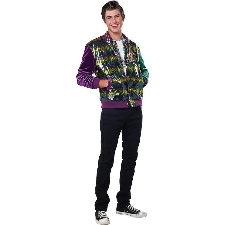 Mardi Gras Varsity adult Jacket in purple, green, and gold colors with striped ribbing and embroidered details