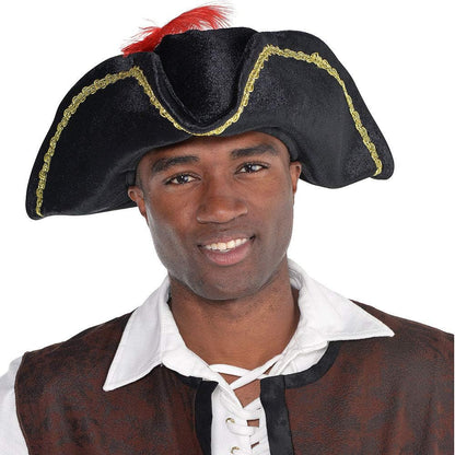  Classic pirate costume accessory, black hat with gold trim and feather