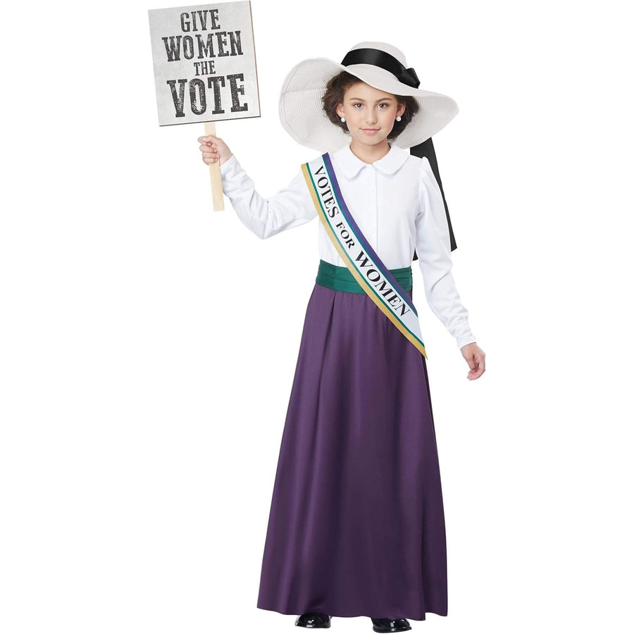 Full-length image of a young girl wearing an American Suffragette Child Costume, a historic outfit representing the women's suffrage movement in the United States