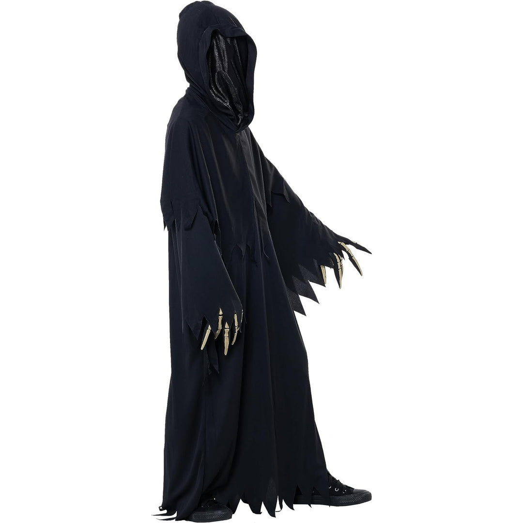  Child wearing Grim Reaper Deluxe costume with hood and spooky mask