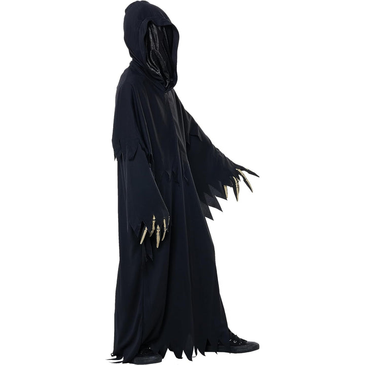  Child wearing Grim Reaper Deluxe costume with hood and spooky mask