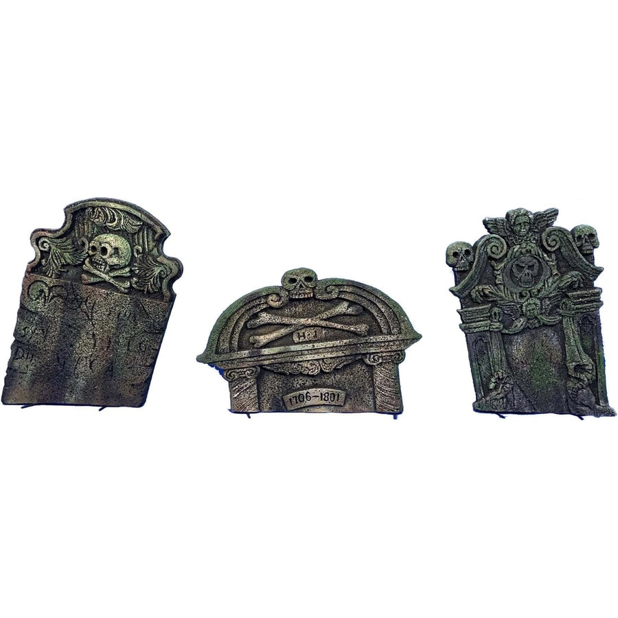 Replica 18th century gravestone set with intricate detailing and weathered finish