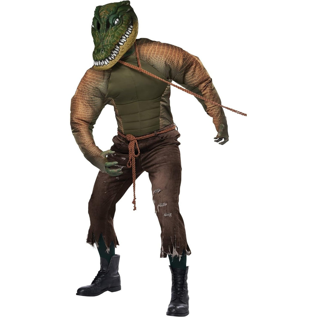 Adult Gator Man costume featuring realistic scale texture and menacing eyes