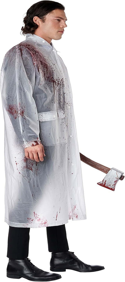 A man wearing a transparent Halloween-style costume robe with red blood splatter, standing against a white background and holding a blood-splattered axe.