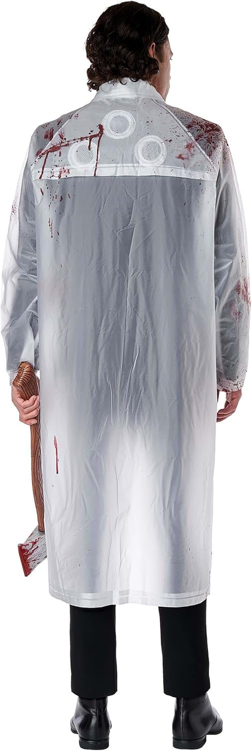 A person shown from the back wearing a long translucent white costume raincoat with printed horror-style graphics and blood splatter details, paired with black pants and black boots, against a plain white studio background.