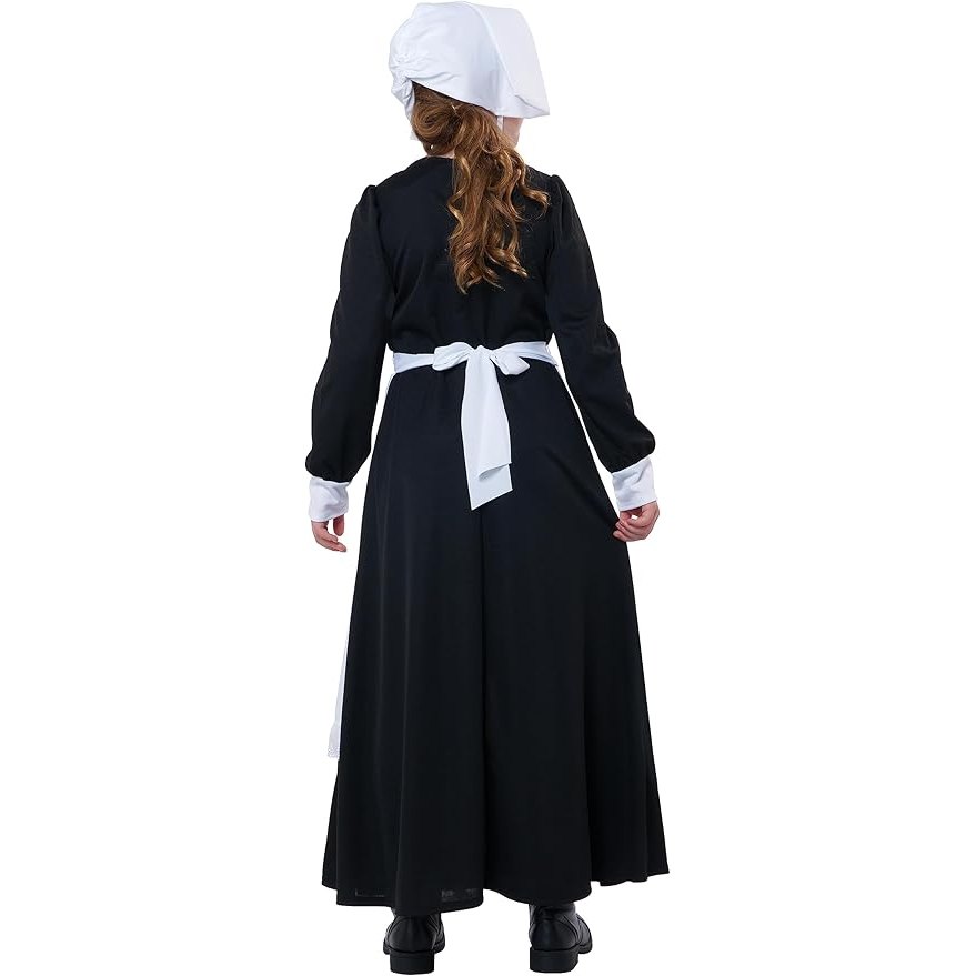 Brown and white 17th-century Pilgrim Girl Child Costume with lace details