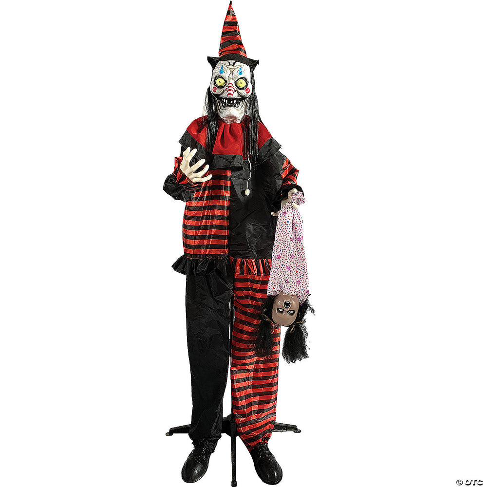 Colorful 72-inch standing shaking clown with red nose and polka dot outfit