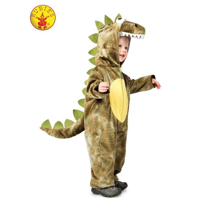 Roarin' Rex Dinosaur Costume Child standing in front of a green background