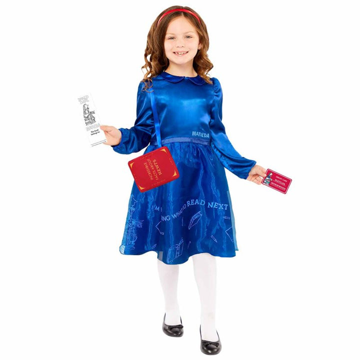 Roald Dahl Matilda Child Costume with Blue Dress and Red Ribbon