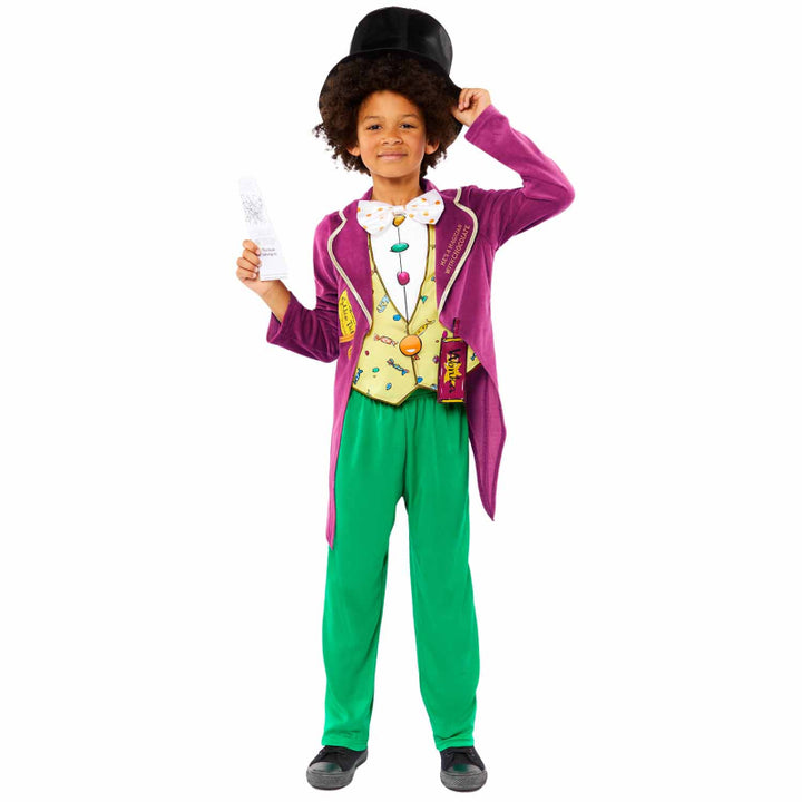 Charlie and The Chocolate Factory Willy Wonka Boys Costume - Deluxe Halloween outfit with purple velvet jacket, top hat, and golden ticket prop