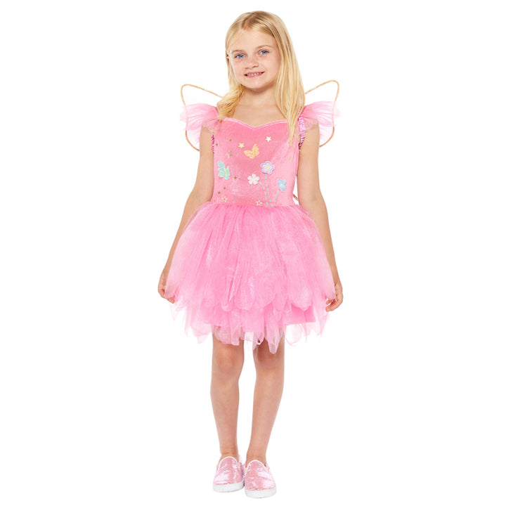 Pink fairy girls dress costume with sparkly wings and floral accents