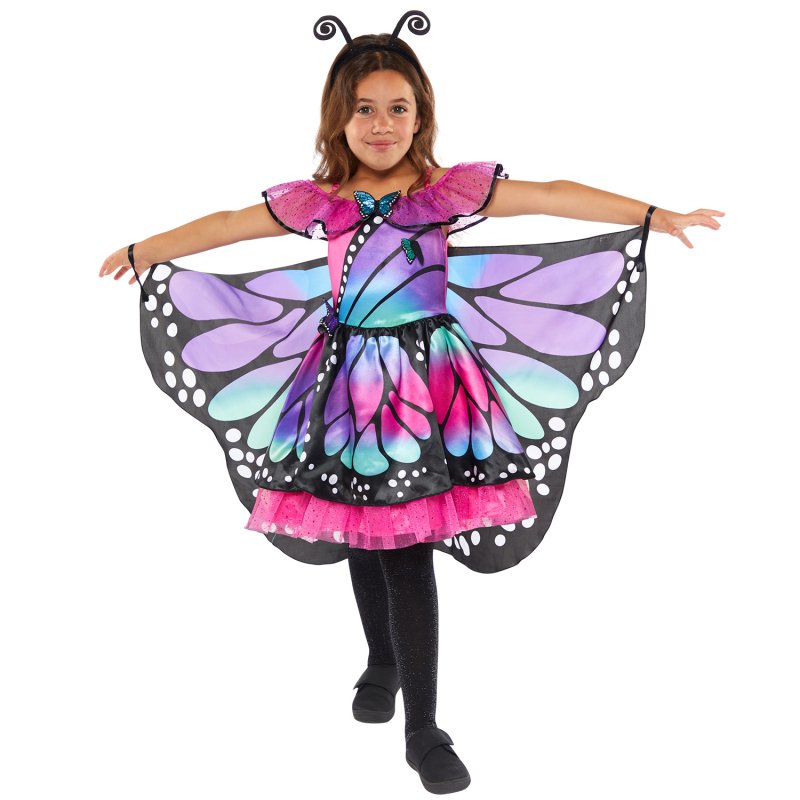 A beautiful and colorful girls butterfly costume with wings and antennae