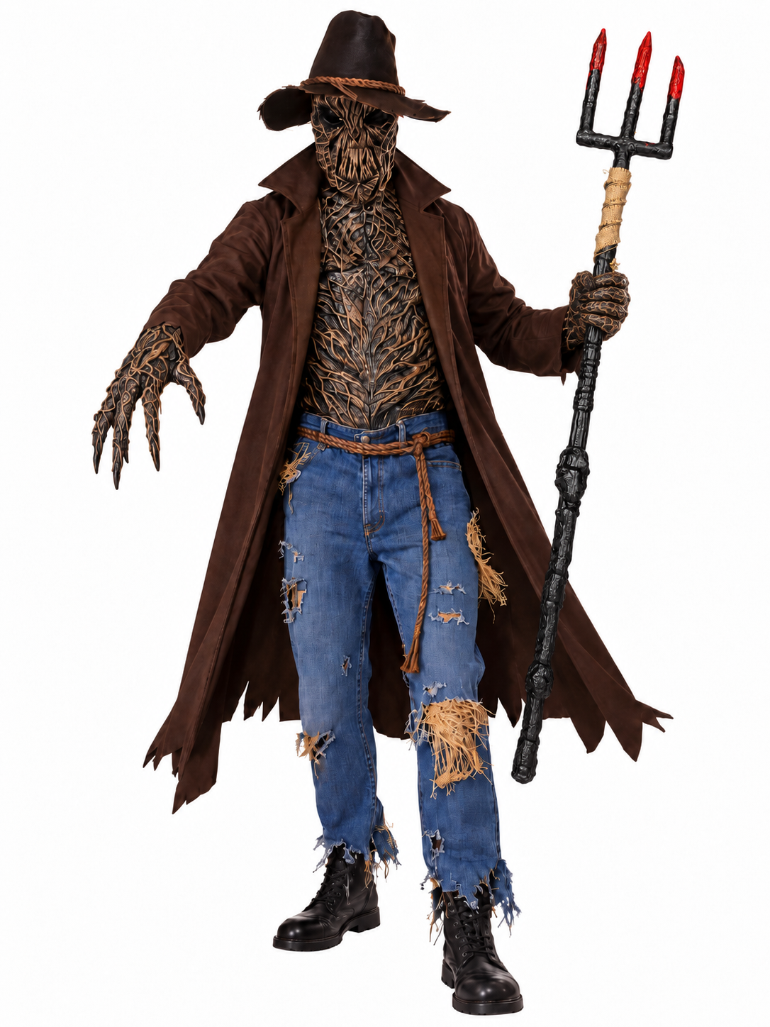 A person modeling a horror-style scarecrow costume on a plain white background. The outfit includes a brown hat, long brown coat, tattered brown vest, distressed blue jeans, black boots, clawed gloves, and a black trident prop with red-tipped blades.