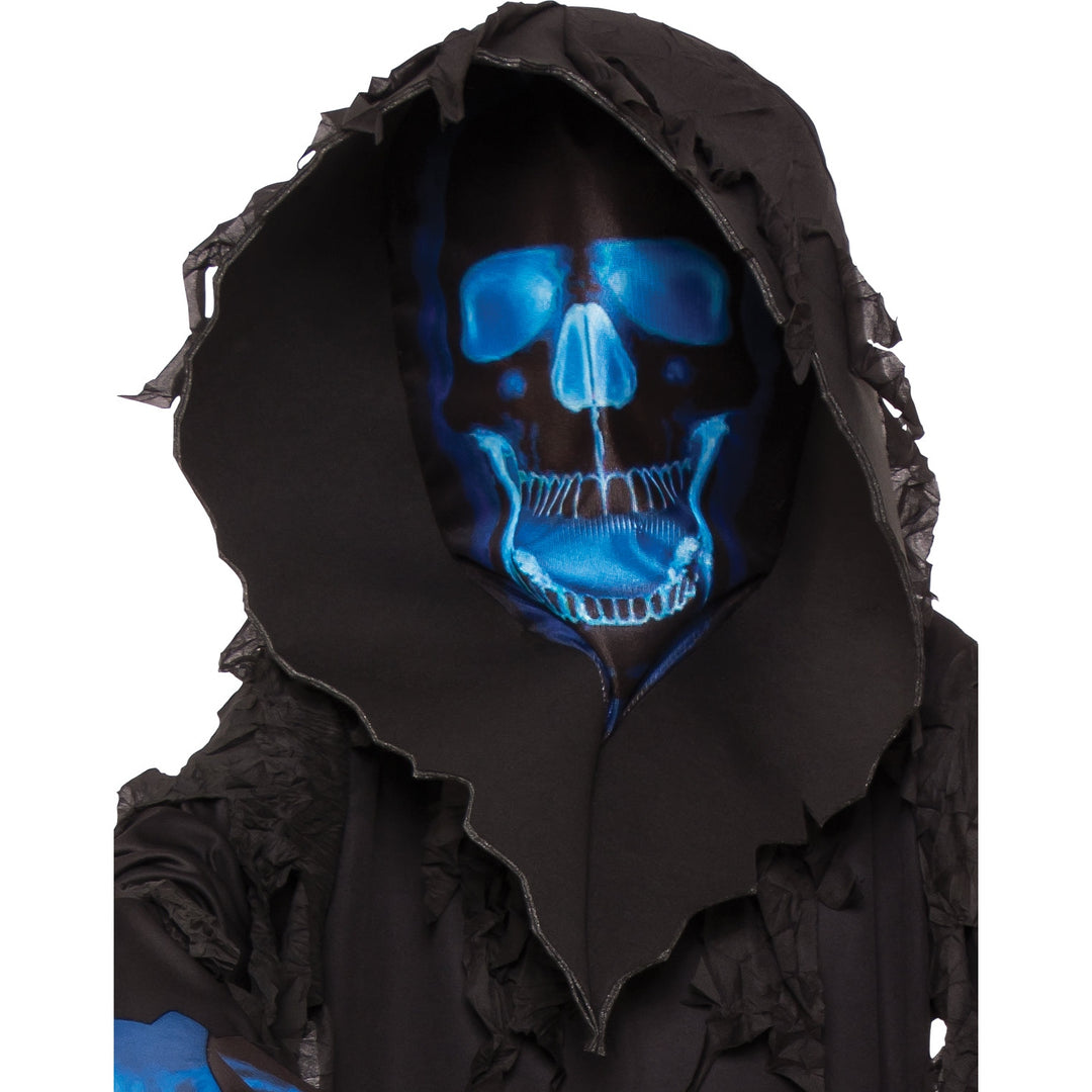 Full body shot of Skull Phantom Halloween Costume, Child with hood and gloves