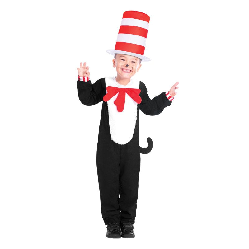 A child wearing a colorful Cat in the Hat jumpsuit Dr Seuss costume