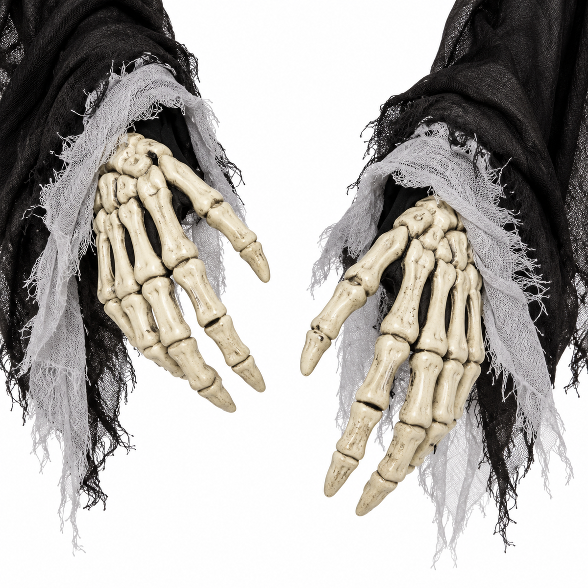A pair of realistic skeleton hands with weathered bone texture, shown with black and tattered white gauze sleeves against a plain white background.