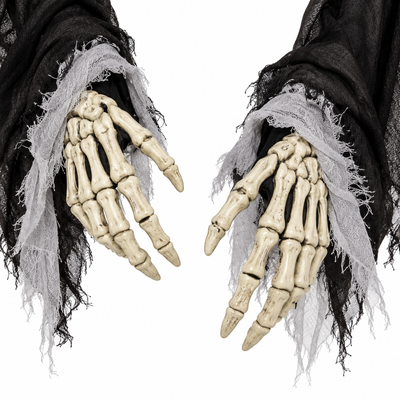 A pair of realistic skeleton hands with weathered bone texture, shown with black and tattered white gauze sleeves against a plain white background.