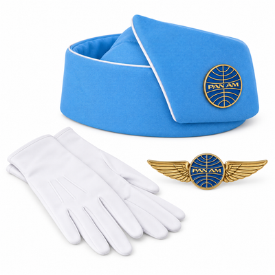 A blue and white Pan Am themed costume accessory set featuring a blue flight attendant hat with gold trim, a pair of white gloves, and a gold and blue wings pin.