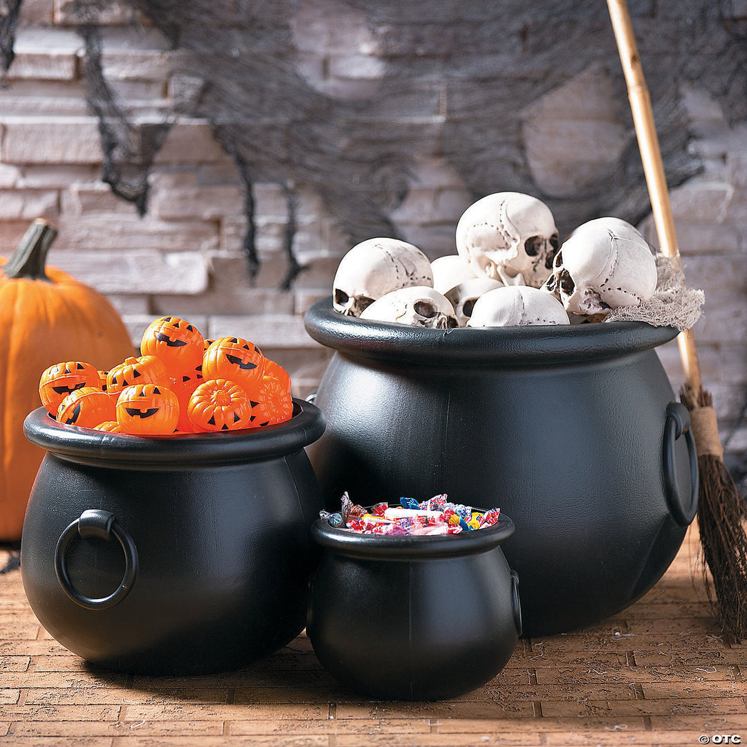 Three-piece set of black plastic cauldron Halloween decorations, perfect for spooky holiday displays