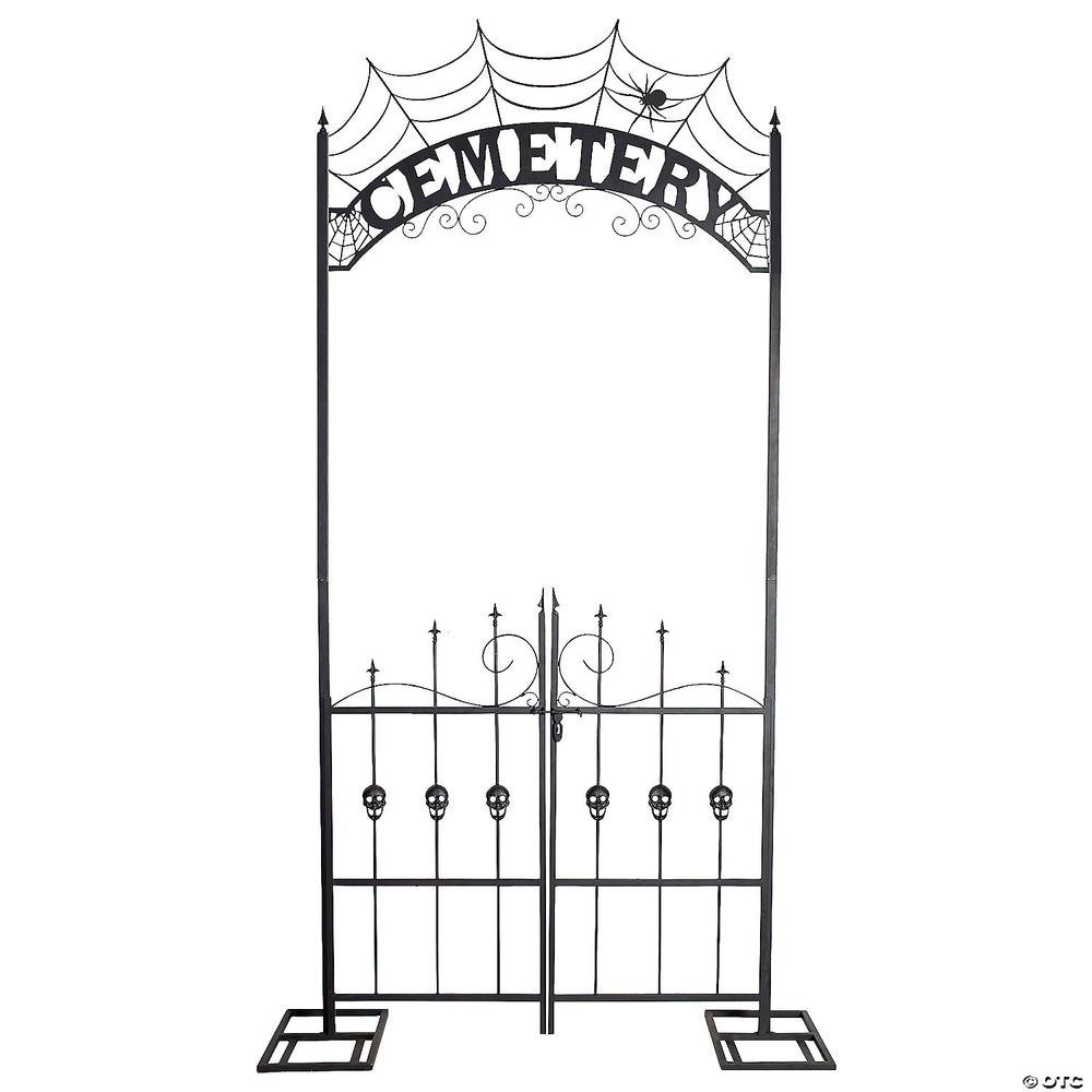 An 85-foot cemetery archway gate, featuring intricate ironwork and gothic design
