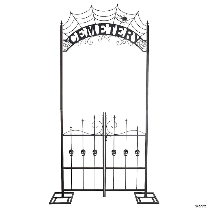 An 85-foot cemetery archway gate, featuring intricate ironwork and gothic design